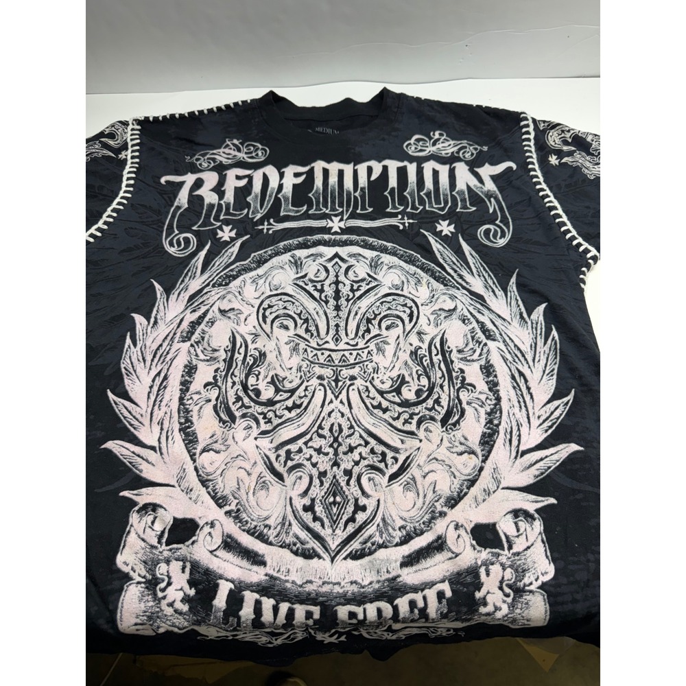 Raw State Redemption Live Free Graphic T-Shirt Mens Medium Black Gothic MMA Wing